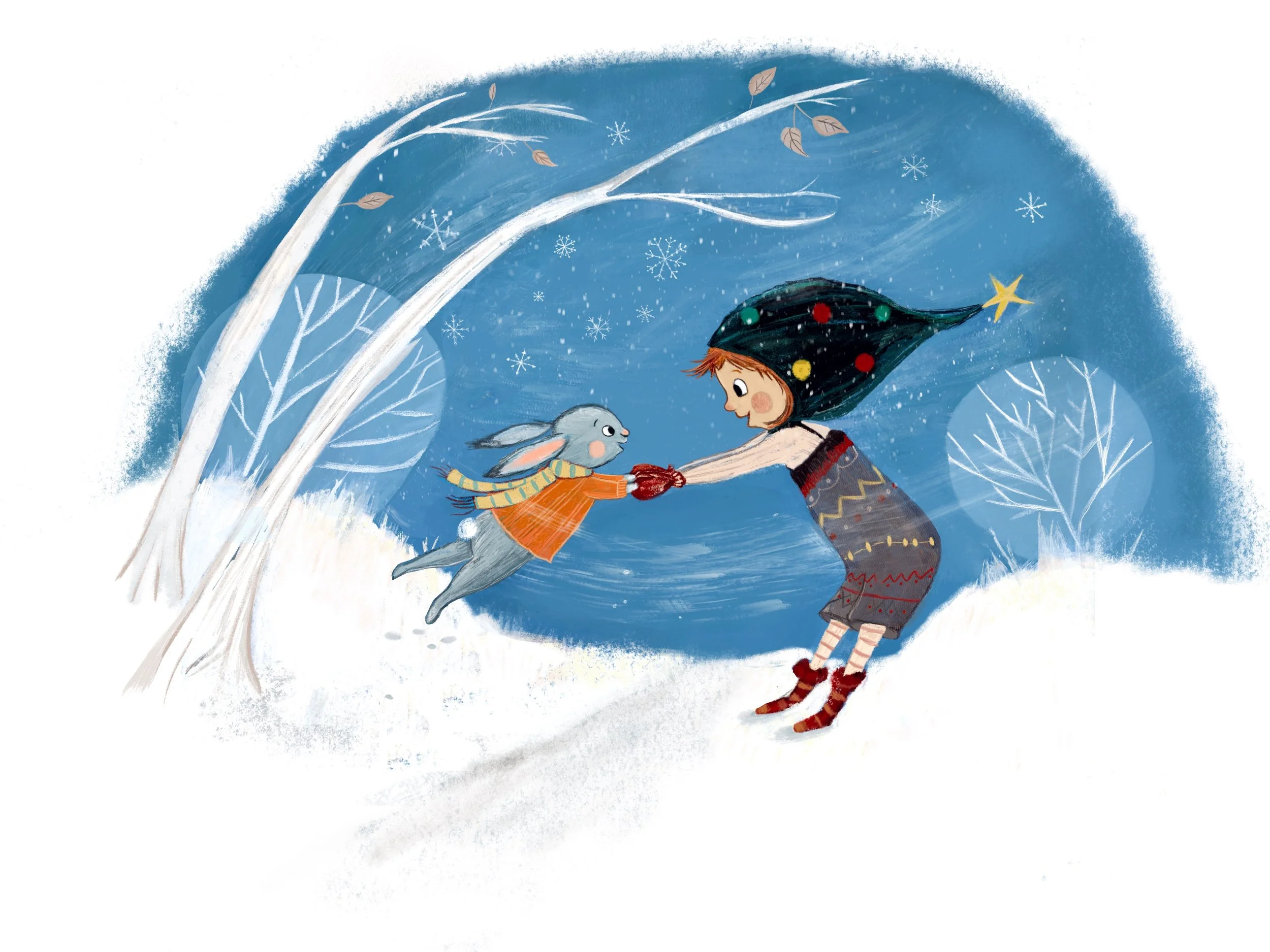 A girl with brown hair, wearing a Christmas tree hat decorated with colorful ornaments and a star, is reaching out to touch a rabbit wearing an orange sweater and a yellow scarf in a snowy winter scene with snow-covered trees and falling snowflakes.