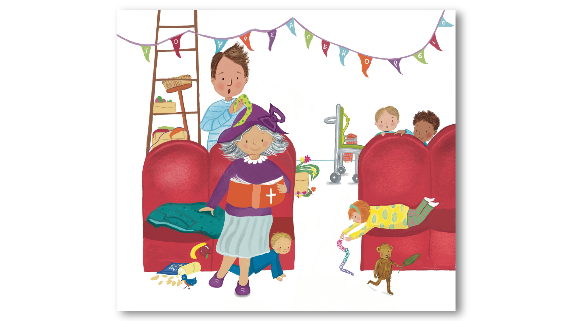 Illustration of children participating in a classroom or event, with a person dressed as a wizard or storyteller, surrounded by toys and decorations.