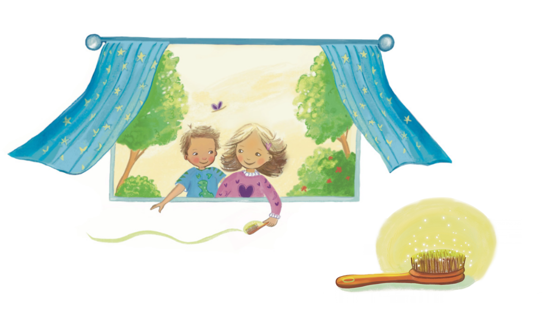Illustration of children looking out a window on a sunny day, with trees outside and fairy lights on a tree in the background, as a bug flies by and a girl brushes dust with a broom.