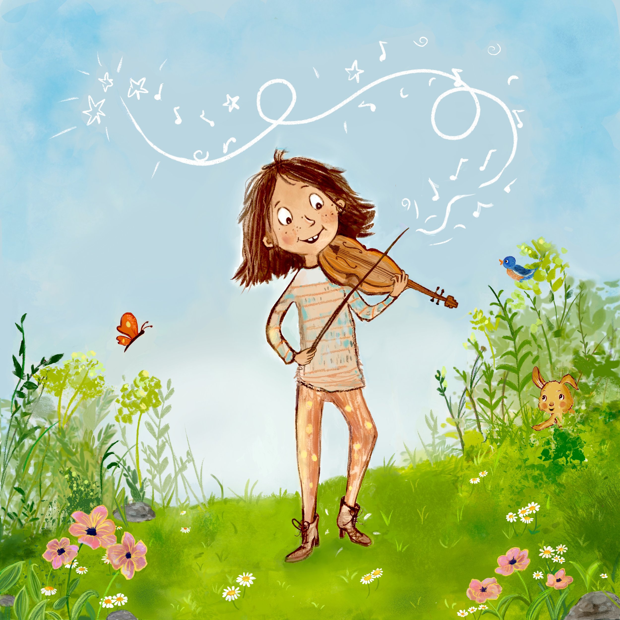 Illustration of a boy with brown hair playing a violin in a colourful garden filled with flowers, a butterfly, a bird, and a lion cub, under a blue sky with musical notes and stars.