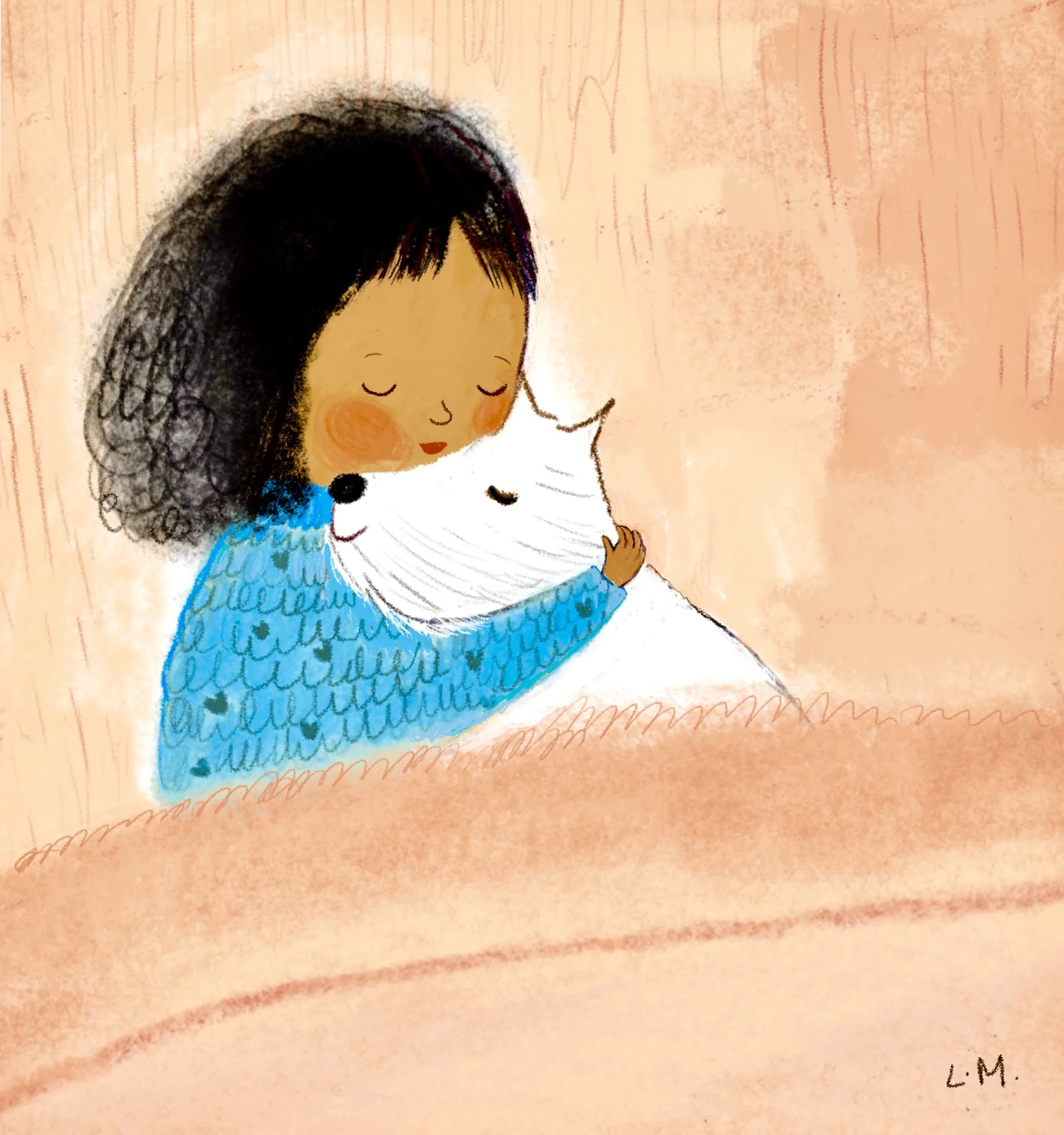 A hand-drawn illustration of a girl with closed eyes, smiling, with long black hair, hugging a white fluffy cat with closed eyes, against a pink textured background.