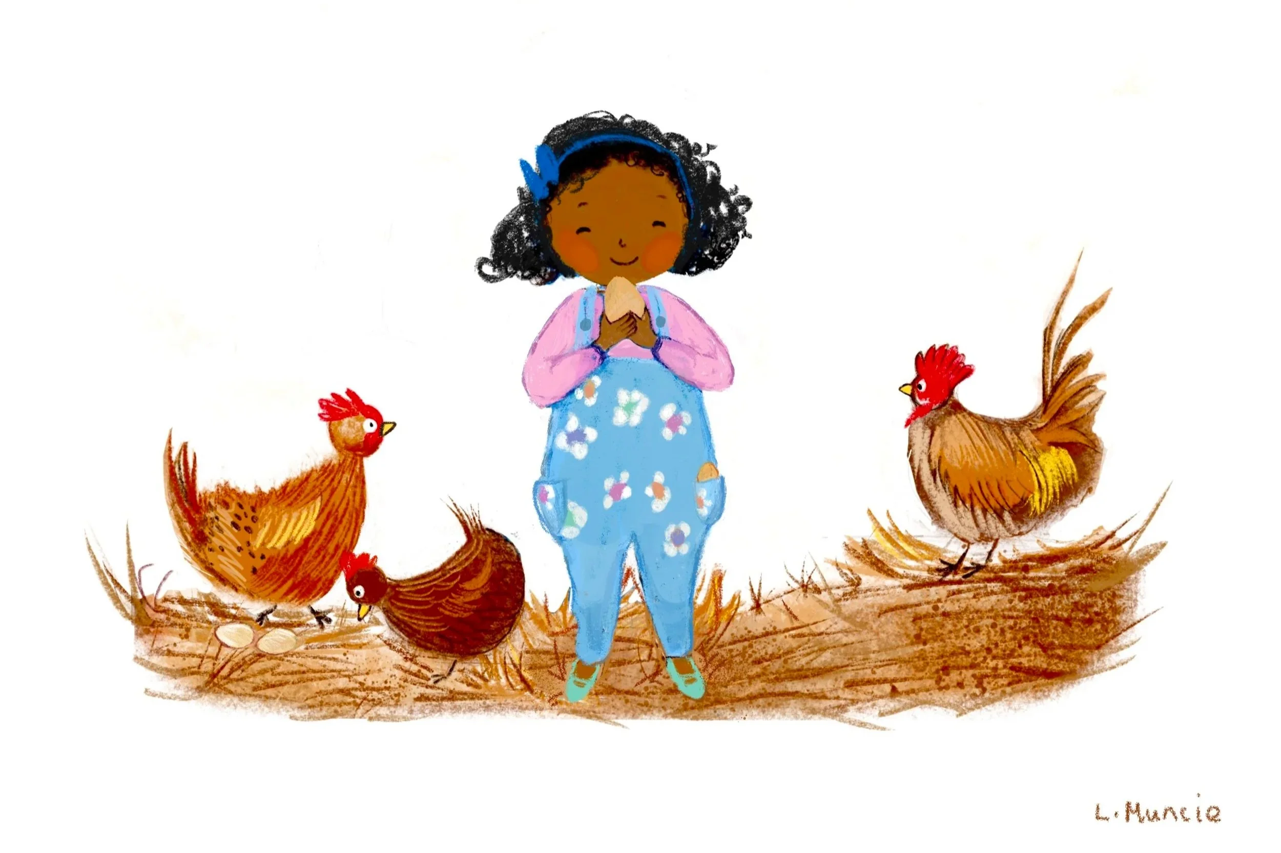 Illustration of a young girl with curly hair wearing a blue headband, pink long-sleeve shirt, and floral pants, joyfully surrounded by three chickens on a farm with grass and nests.