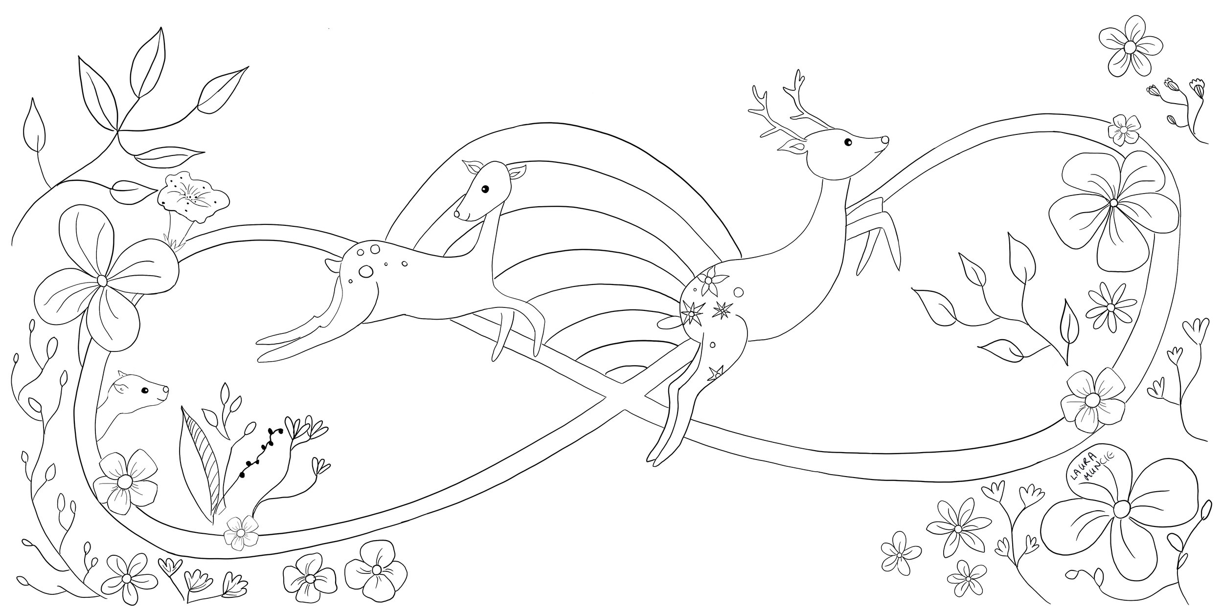 Coloring page featuring a rainbow with two deer, surrounded by flowers, leaves, and hearts.