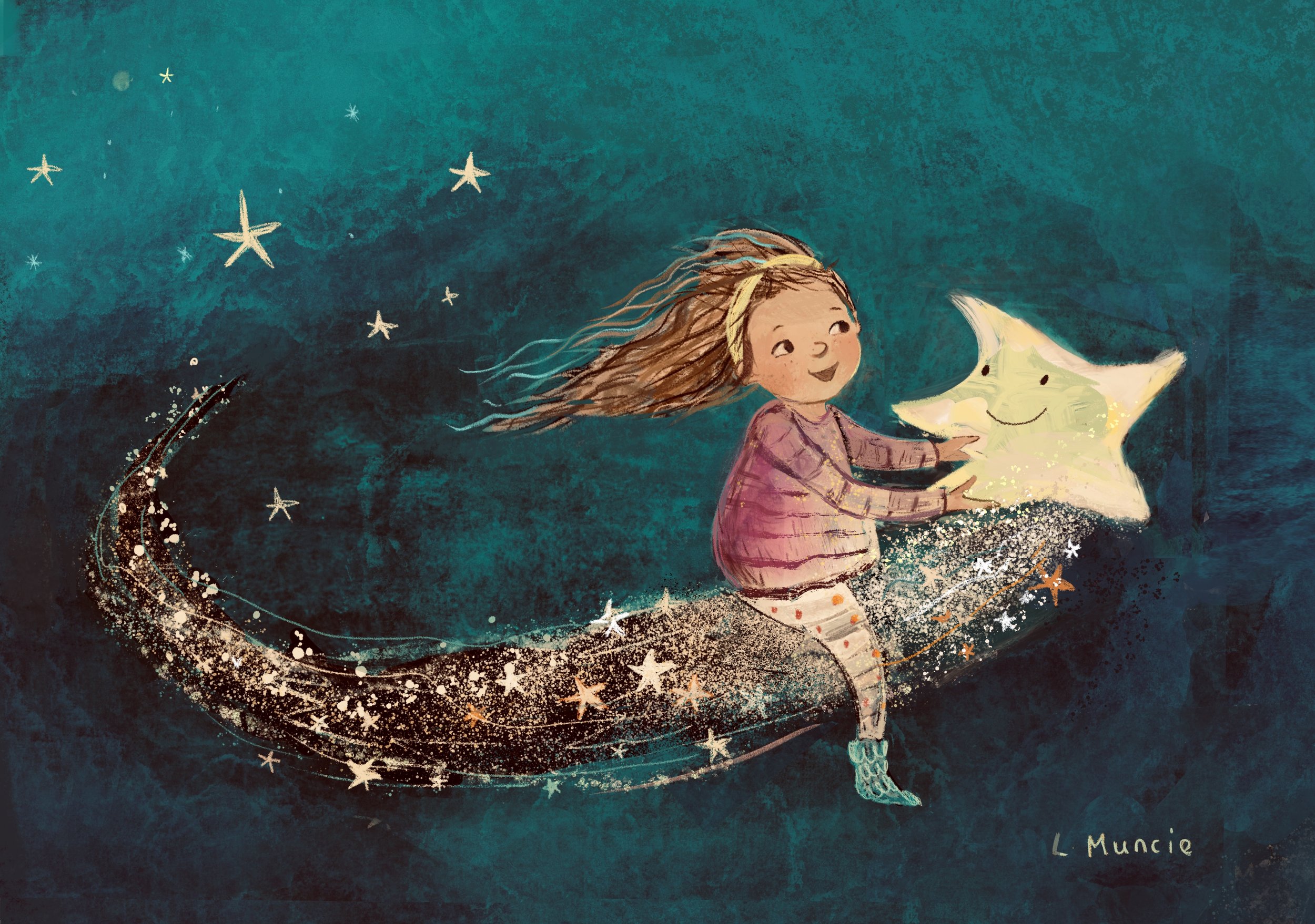 An illustrated girl with long, flowing brown hair wearing a yellow headband, purple top, and patterned pants, holding a smiling glowing star in her hand amid a colorful, starry night sky with swirling patterns and sparkles.