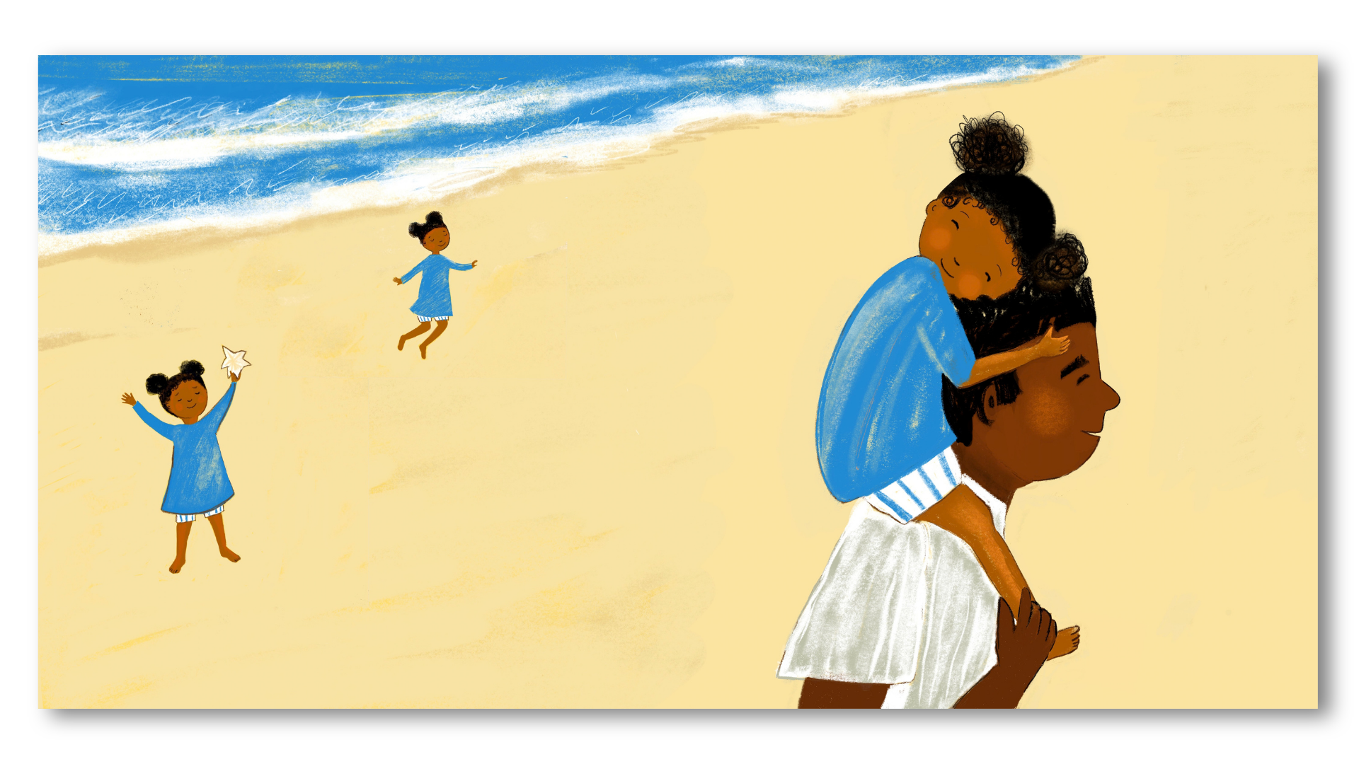 An illustration of a woman carrying a child on her shoulders on the beach, with children playing and jumping in the sand and the ocean waves in the background.