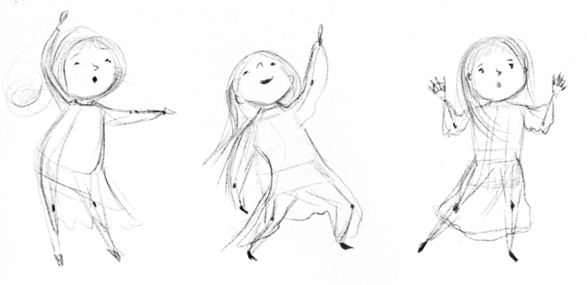 Sketch drawing of three young girls dancing with expressive poses and happy facial expressions.
