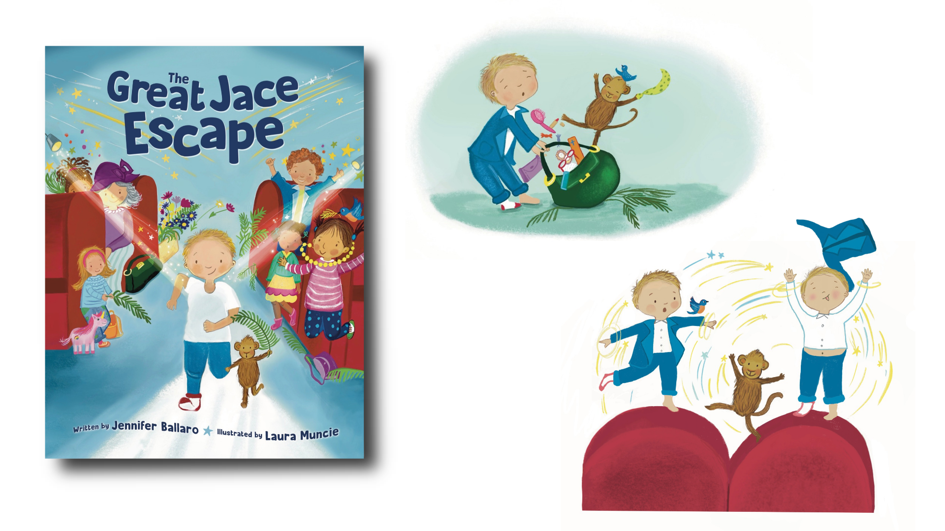 Cover of a children's book titled 'The Great Jace Escape' showing children, animals, and colorful elements, with illustrations of kids playing and characters in fun scenarios.