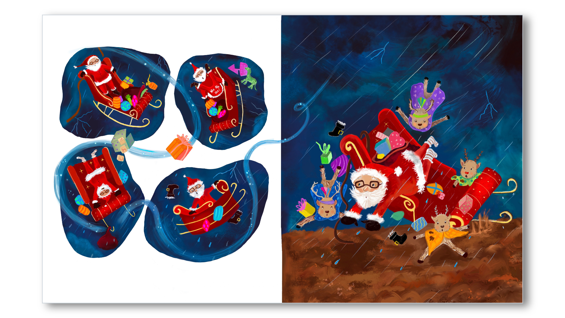 Illustration of Santa flying a sleigh pulled by reindeer in a rainy night sky, with children and animals celebrating on the ground.