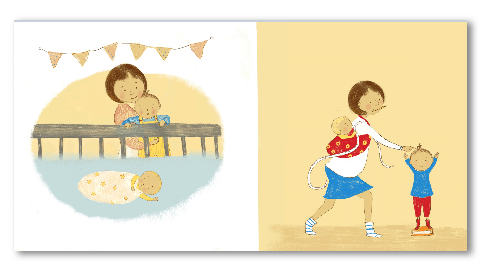 Two children are depicted in different scenes. On the left, a baby sleeps on a blanket with yellow stars, while a woman and a toddler stand behind a crib, smiling. On the right, a woman is holding a toddler on her back with a red patterned cloth, whi