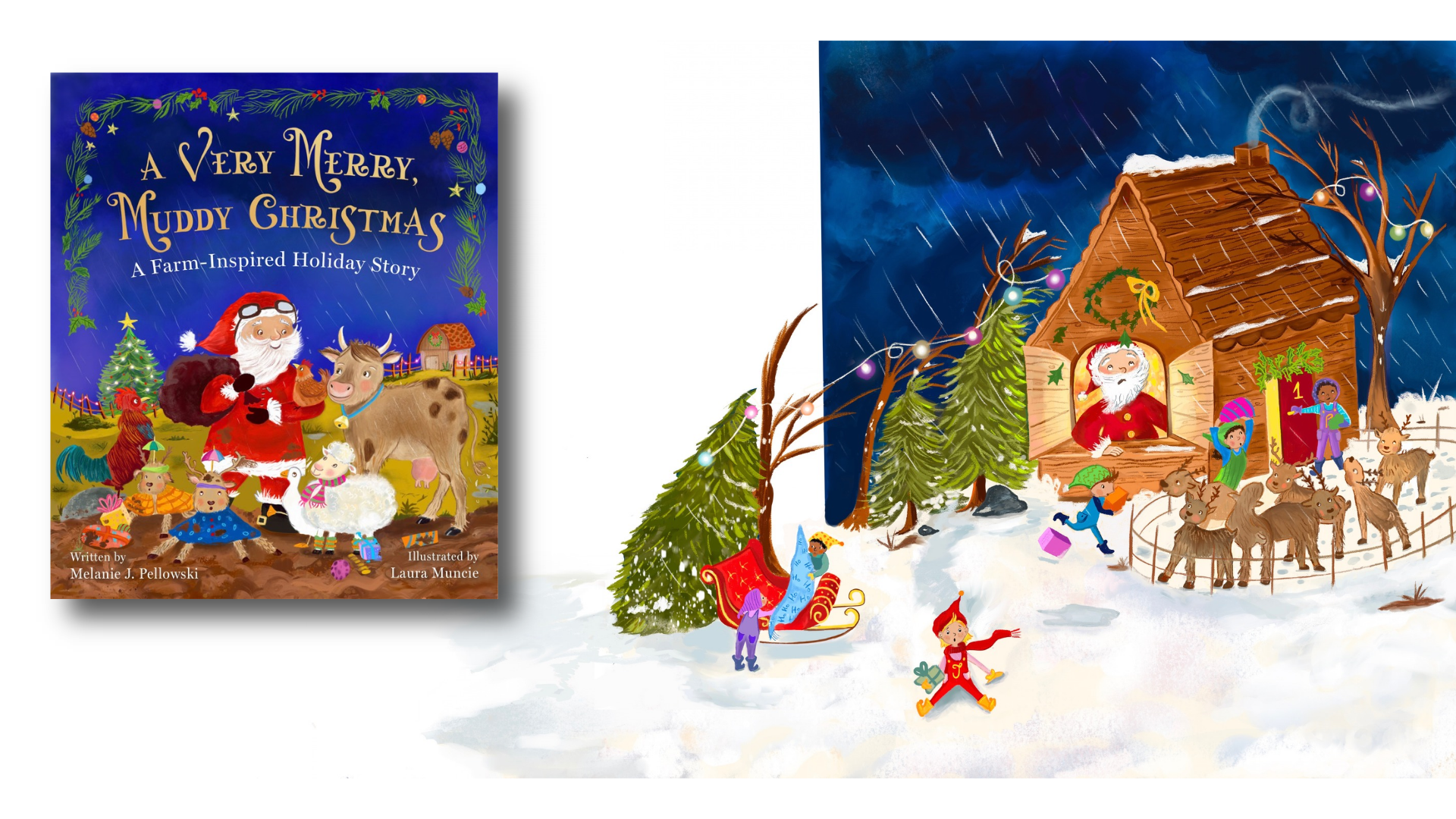 Illustration of a children's Christmas scene with a Christmas storybook cover titled 'A Very Merry Muddy Christmas' on the left featuring Santa with farm animals and a snowy landscape with a barn decorated with lights showing Santa with barn animals.