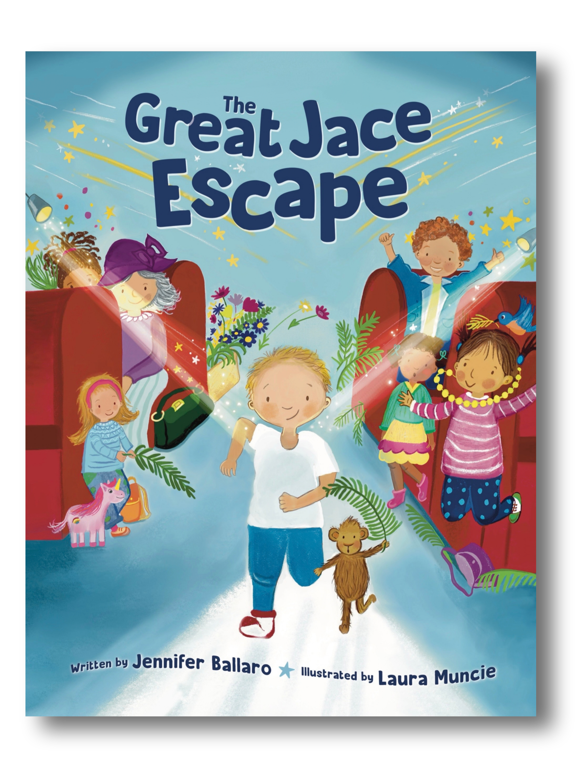 Cover of a children's book titled "The Great Jace Escape" with colorful illustrations of happy children, animals, and playful scenes.