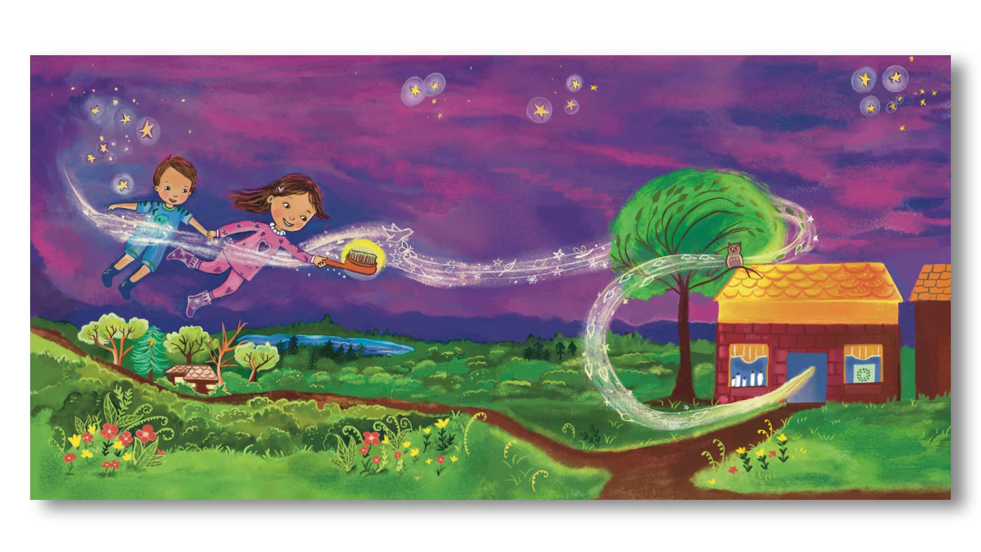 Illustration of children flying on a magic broomstick through a colorful, starry night sky with a house, trees, and a pond in the background.