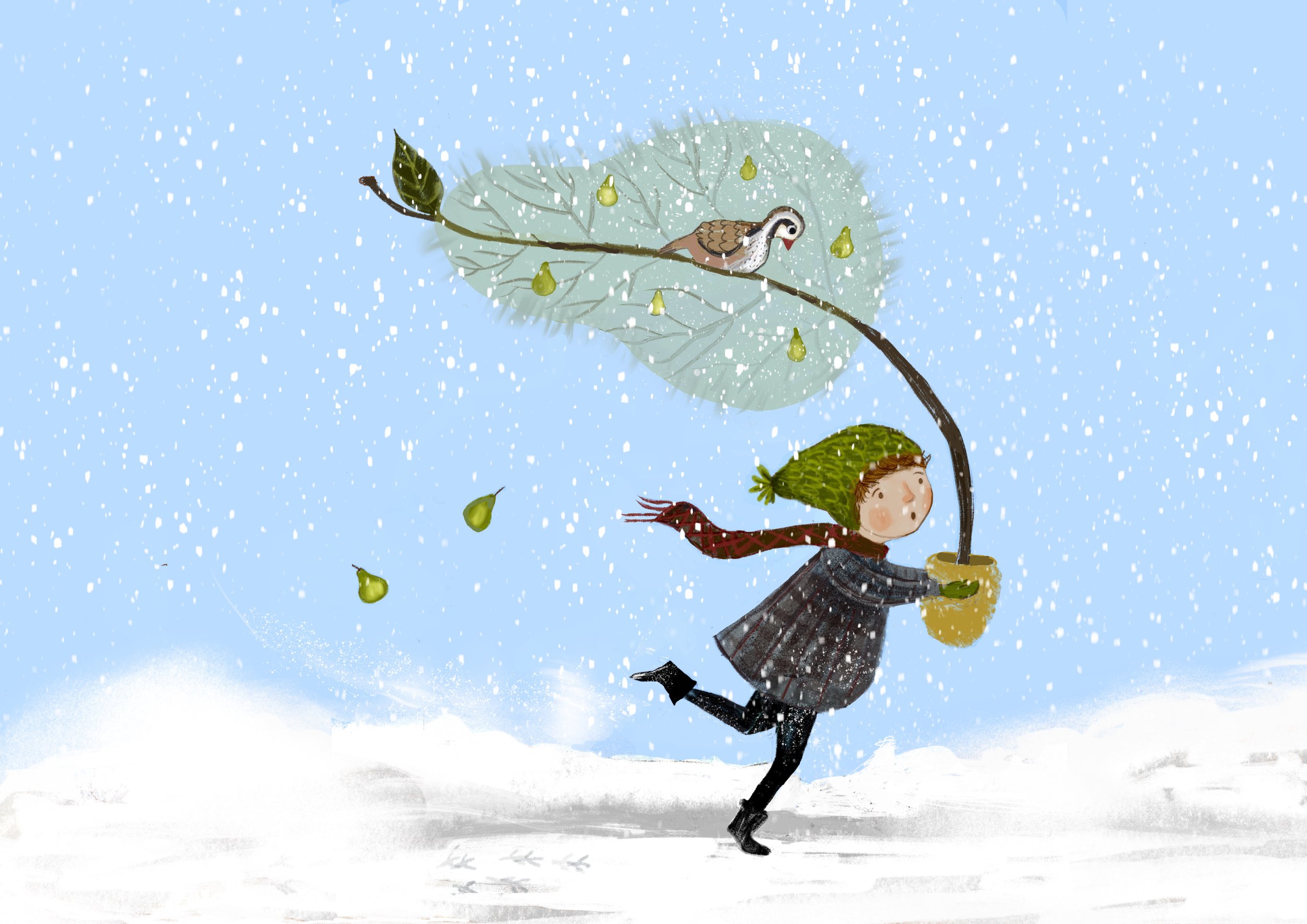 Illustration of a child wearing a green winter hat and a dark coat is playing in the snow, holding a yellow container. A bird is perched on a branch nearby, and snow is falling.