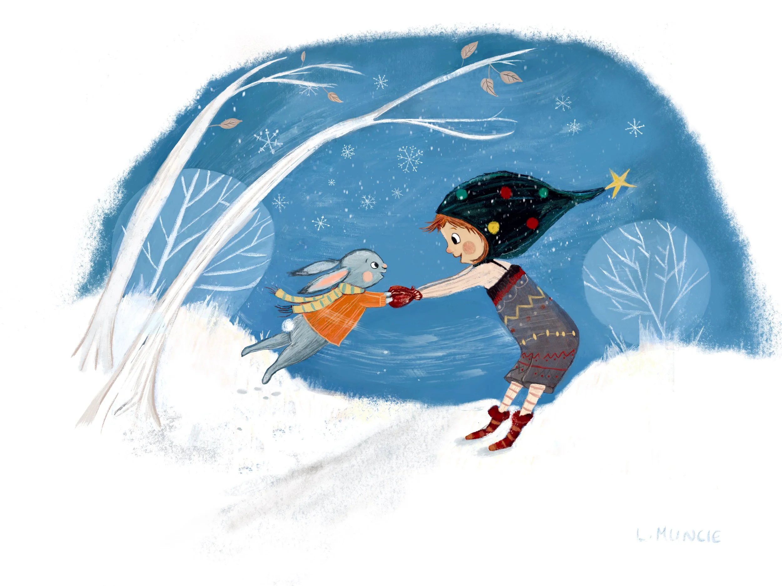 A colorful illustration of a girl with red hair wearing a Christmas tree hat, playing with a gray rabbit in a snowy winter scene with snowflakes and leafless trees.