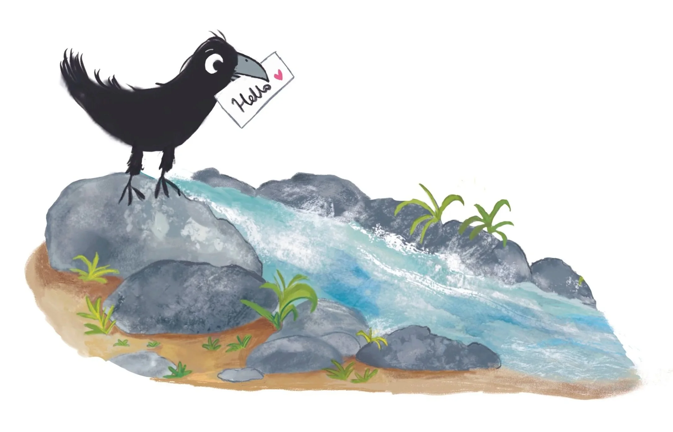A cute illustrated black bird holding a note that reads 'Hana' with a pink heart, standing on rocks near a flowing stream surrounded by green plants.