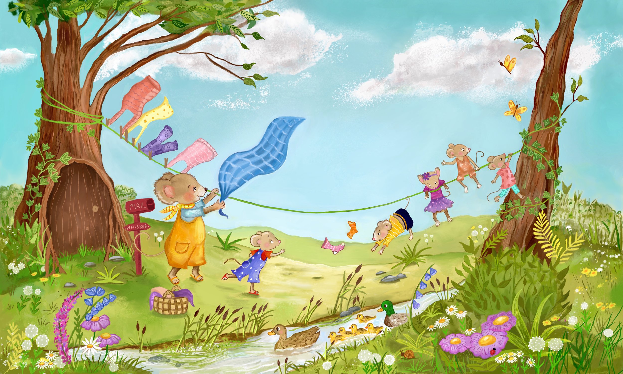 Colorful illustration of mice on a nature outing with trees, flowers, a pond, and ducks, some mice are on a swing made of a leaf and tree swing, a mouse family is playing near a small stream, butterflies and birds are flying in the sky, and there is 