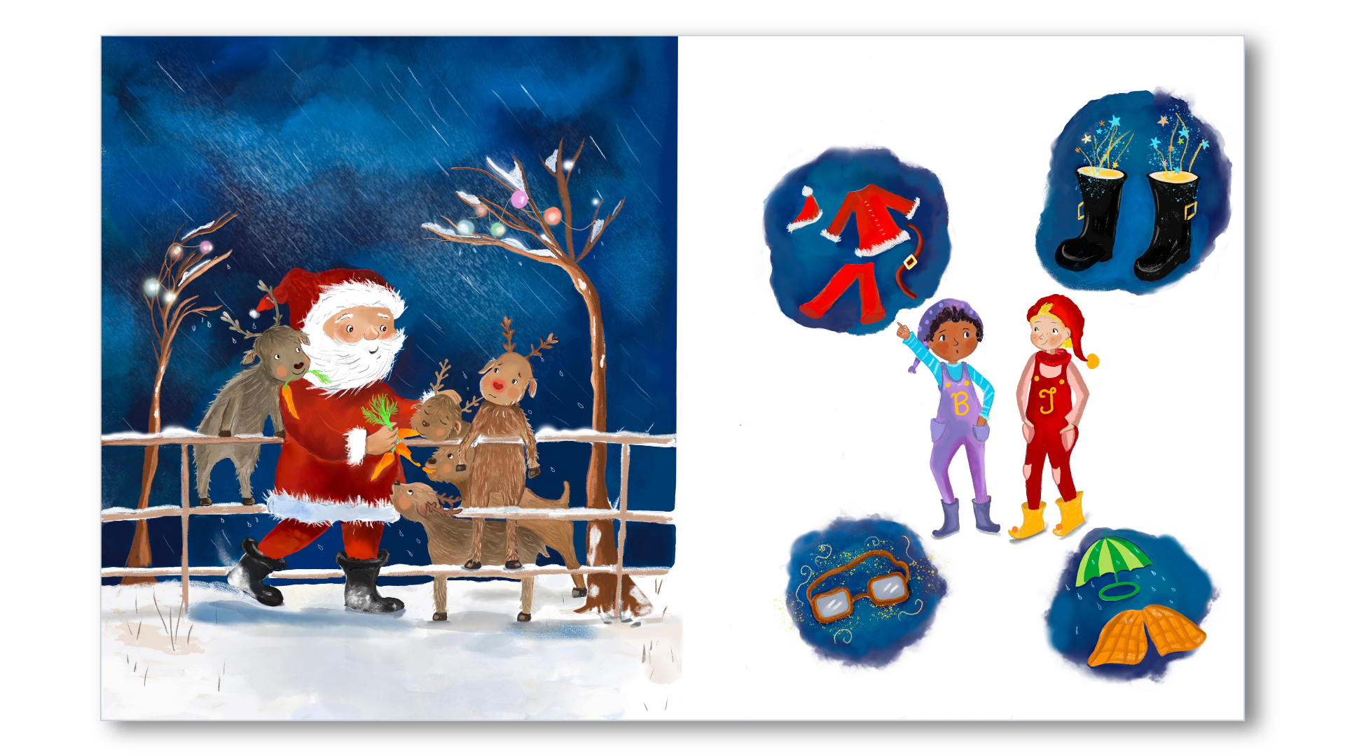 Illustration of Santa Claus with reindeer on a snowy night, rain falling, surrounded by decorated trees. On the right, children dressed in pajamas and rain boots, and various winter accessories like gloves, glasses, umbrellas, and pumpkins, are depic