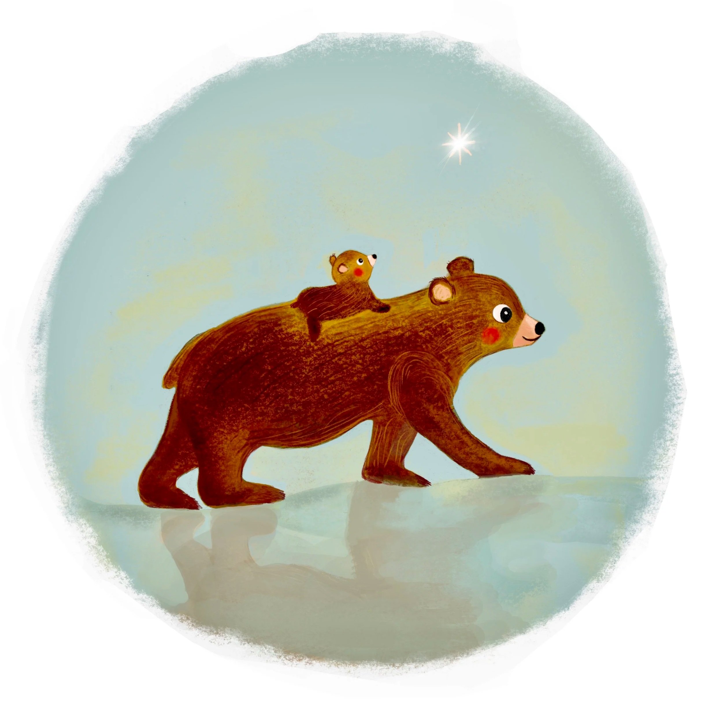 Two animated bears are sitting on a log and looking up at the sky, where a star is shining.