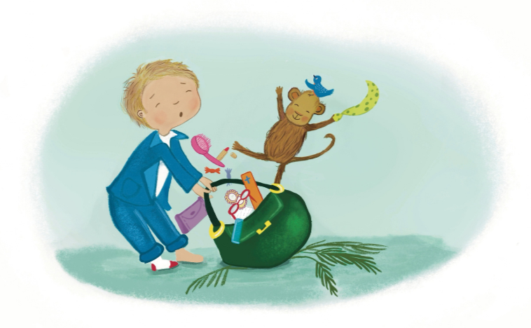 Illustration of a young boy in pajamas playing with a green treasure chest filled with toys, a teddy bear, a rubber duck, a toy plane, a toy car, and a train, with some leafy branches on the ground.
