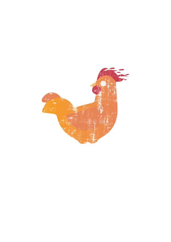A cartoon illustration of a chicken with reddish-orange feathers, a feathered comb on its head, and orange tail feathers.