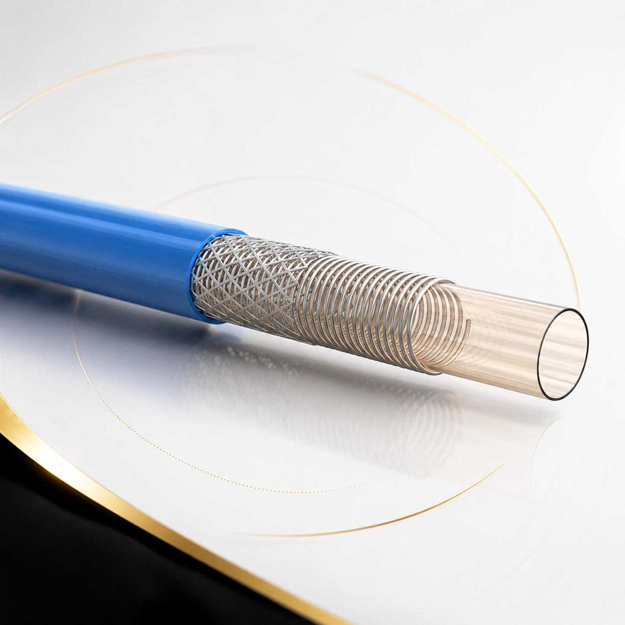 Cross-section of a fiber optic cable with a blue protective outer layer, a metallic braided layer, and a clear inner core, resting on a white surface with gold accents.