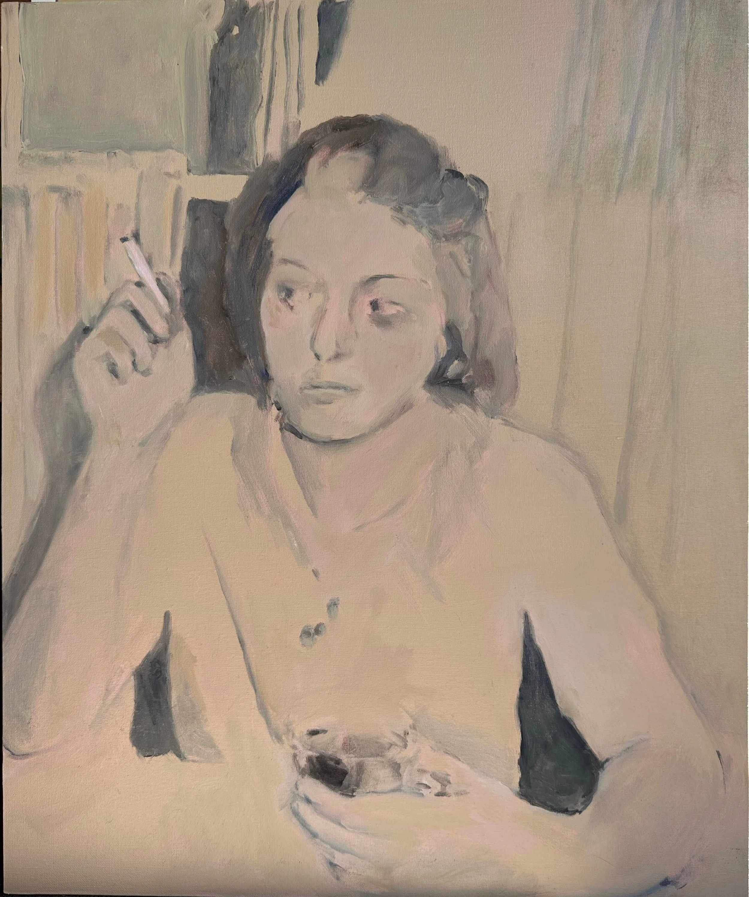 Smoking Woman #7, Woman and Curtain, 2024
(oil on canvas, 20" x 24")