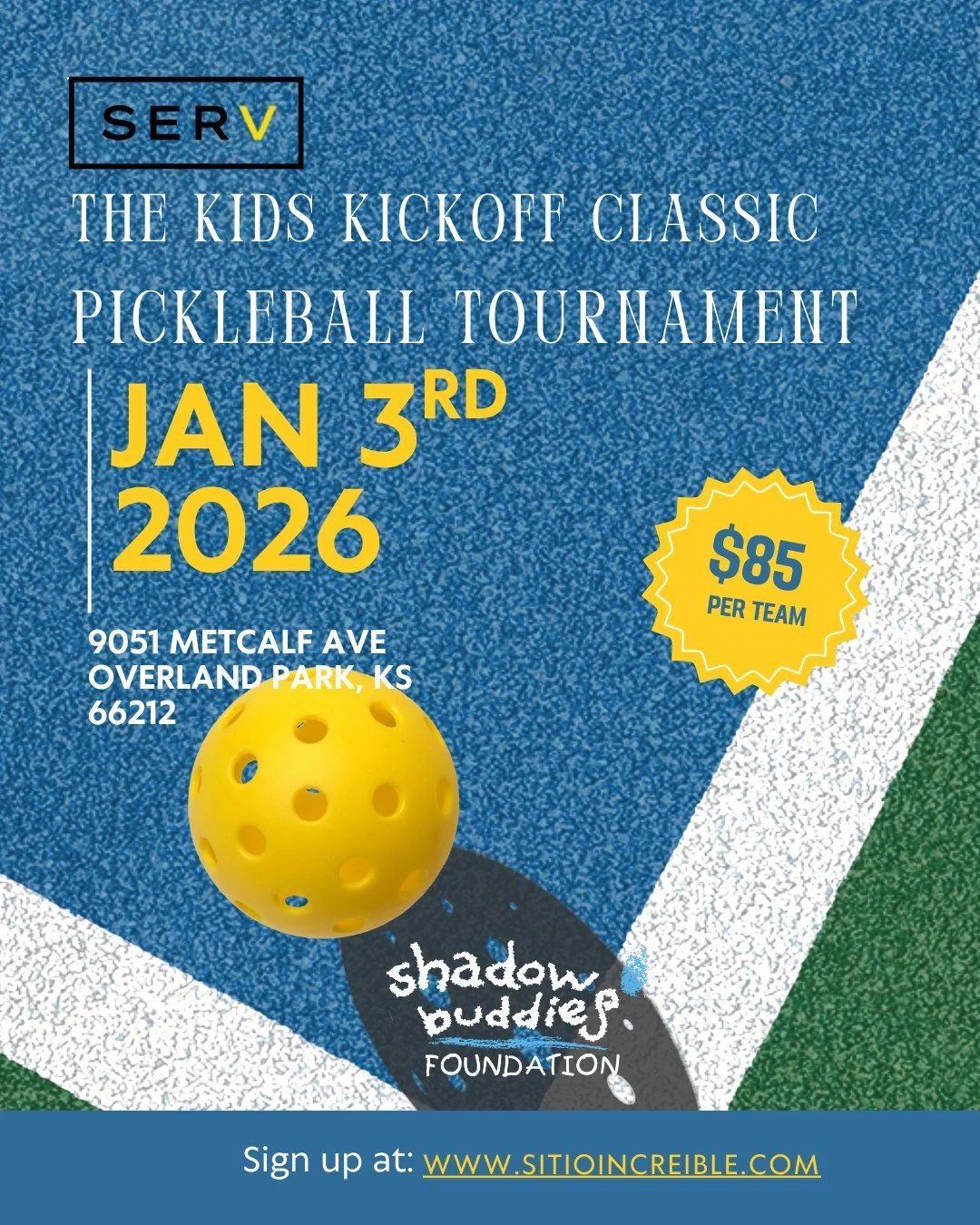 Join us for the Kids Kickoff Classic Pickleball Tournament on January 3rd at SERV, 9051 Metcalf Ave Overland Park KS 66212 

Team sign ups are in our bio to support children facing medical challenges through the Shadow Buddies mission. 

To volunteer