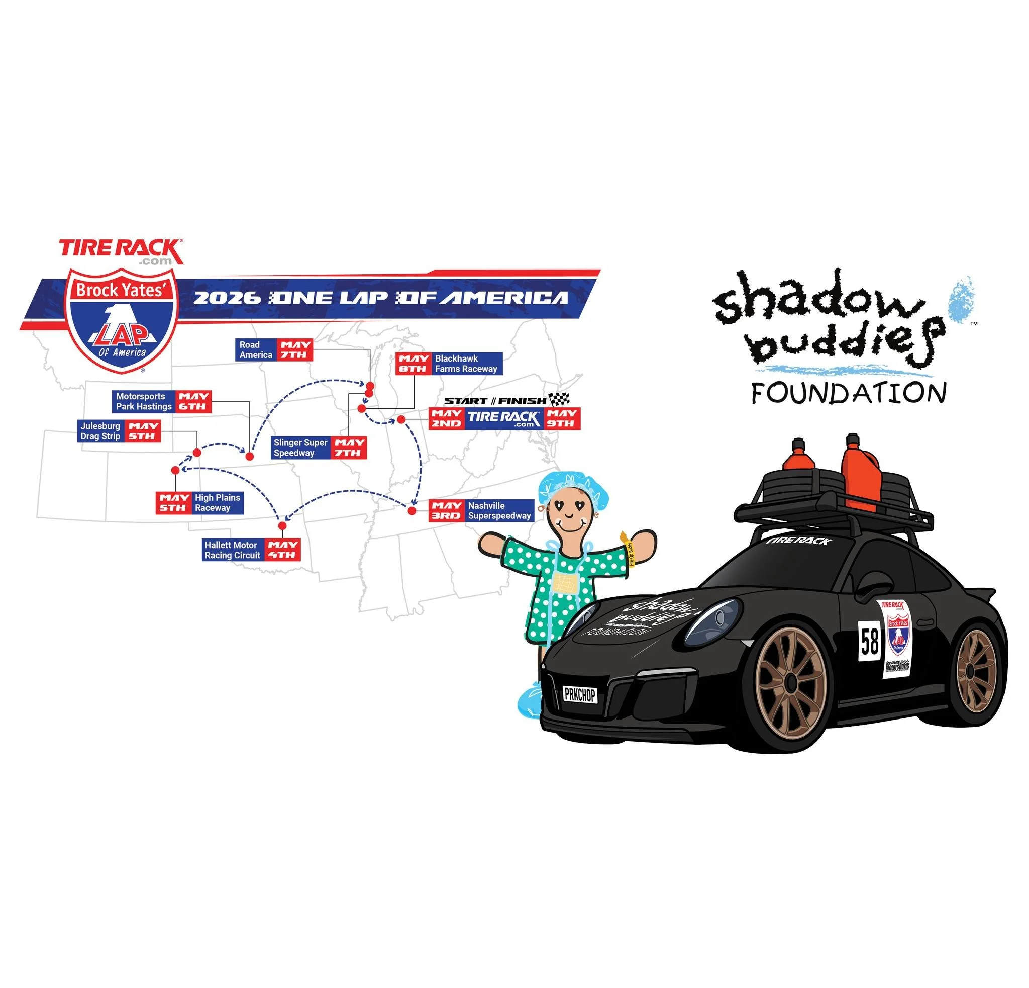 8 days. Over 4000 miles.
The 42nd @tirerack  One Lap of America will run May 2-9. We are honored and thrilled to have the The Shadow Buddies Foundation represented by the race team Under Dawgs. 

Please click the link in our bio to pledge at least $5