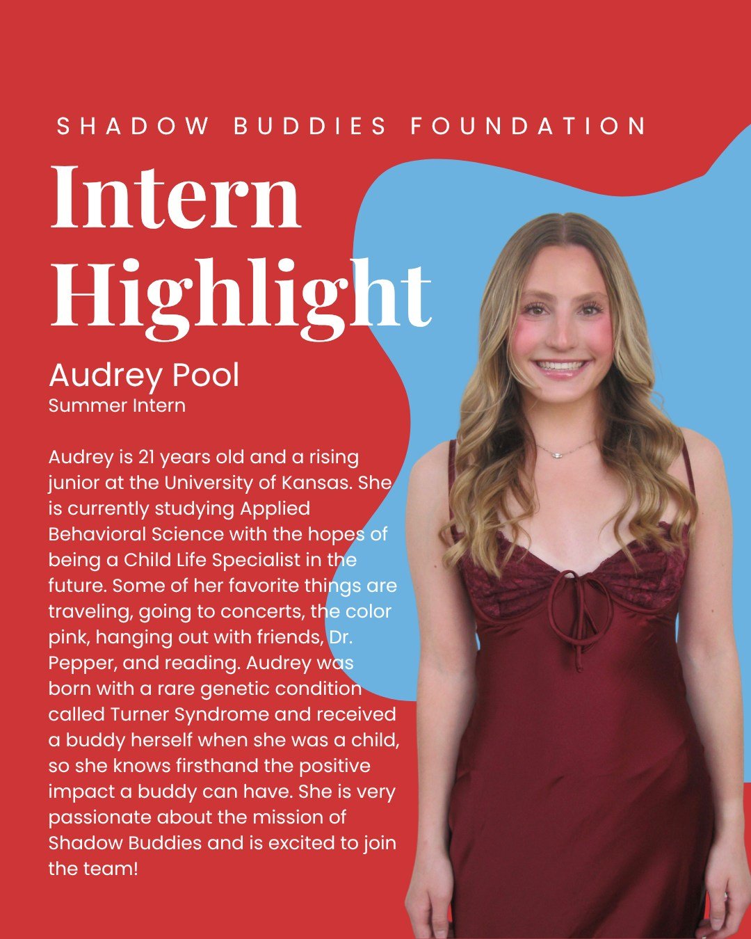 ✨ Intern Highlight: Meet Audrey Pool! ✨

Audrey is 21 years old and a rising junior at the University of Kansas studying Applied Behavioral Science with dreams of becoming a Child Life Specialist one day. 💙

Some of Audrey&rsquo;s favorite things in