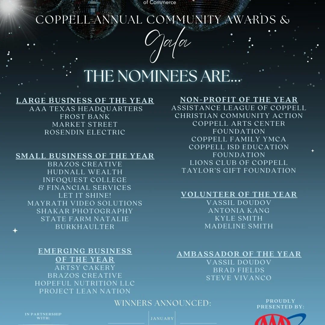 We&rsquo;re incredibly honored to be nominated by the Coppell Chamber of Commerce for the Coppell Community Awards. 🩵

To be recognized alongside so many organizations and leaders who are strengthening our community means more than we can put into w