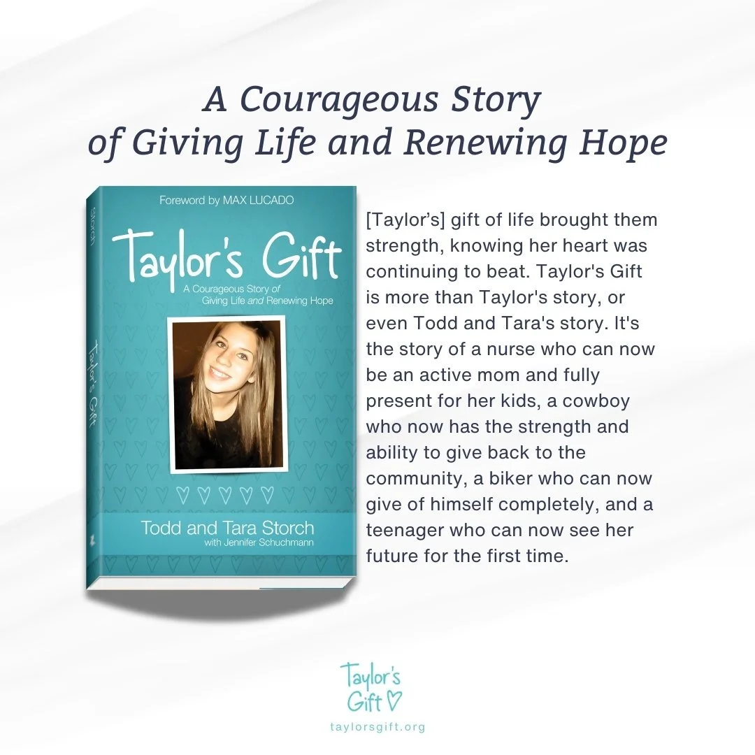 🩵 When a family says yes to donation, their story does not end there. 🩵

Our founders, Tara and Todd Storch, share that journey in Taylor&rsquo;s Gift, a book that tells the story of their daughter Taylor, the pain of losing her, and the way her gi