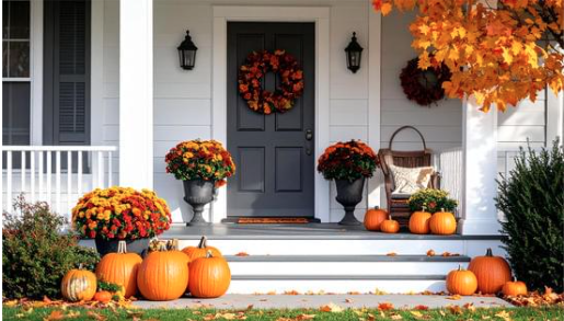Front porch decorated for fall with pumpkins, fall flowers, a wreath, and autumn leaves.