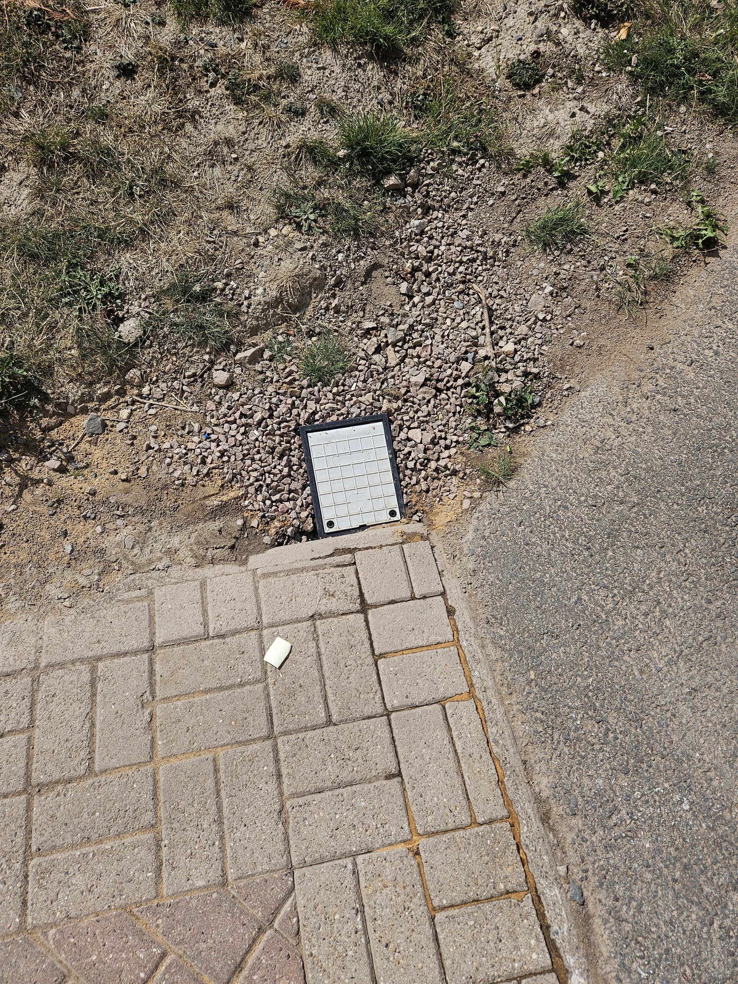 Close-up of a paving stone sidewalk with a small piece of white debris, next to a gutter with a white plastic cover and a patch of grass and dirt.