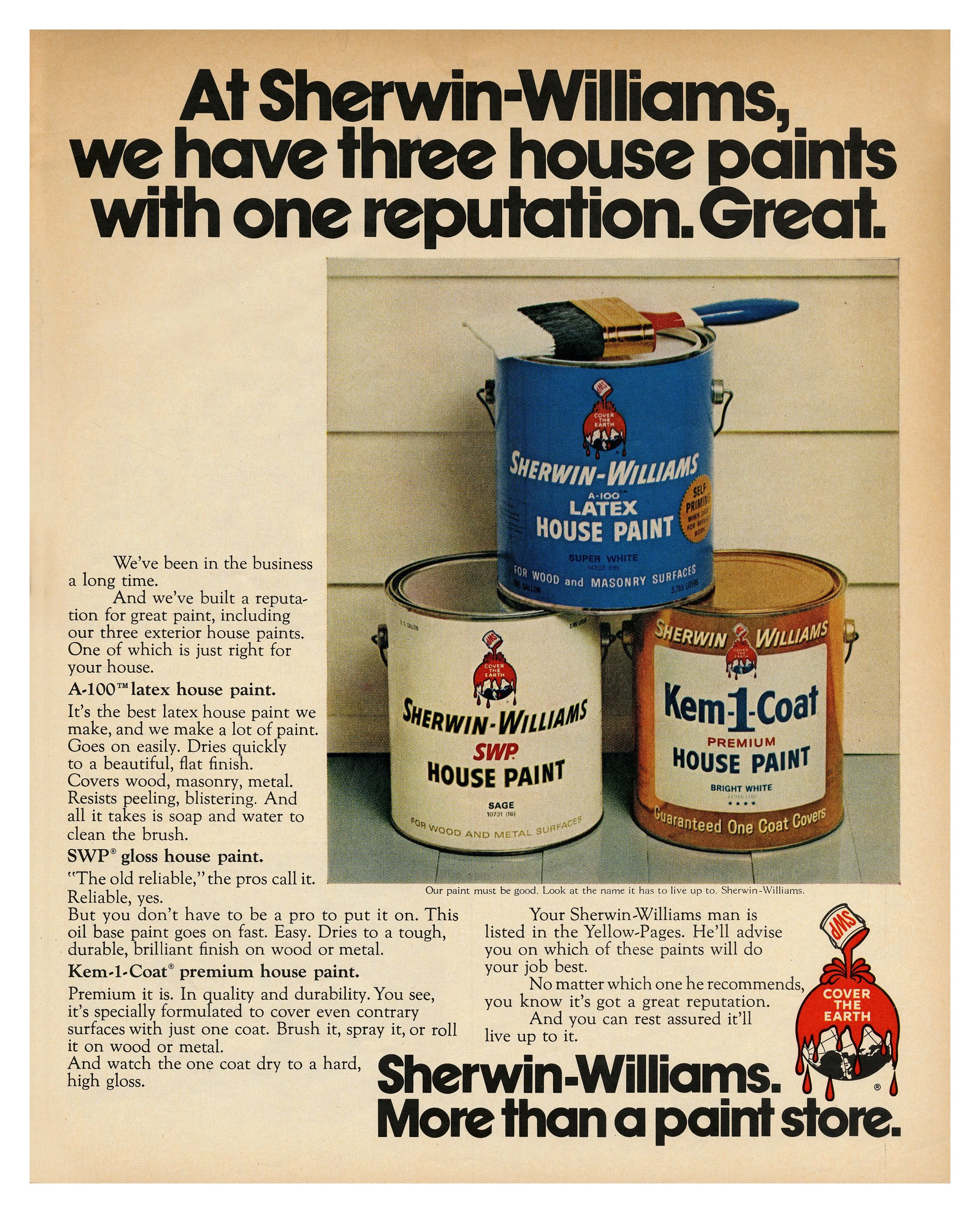 Vintage Sherwin-Williams advertisement featuring three cans of different house paints—latex house paint, house paint, and premium house paint—stacked and surrounded by painting tools, with text highlighting the company's reputation for quality.
