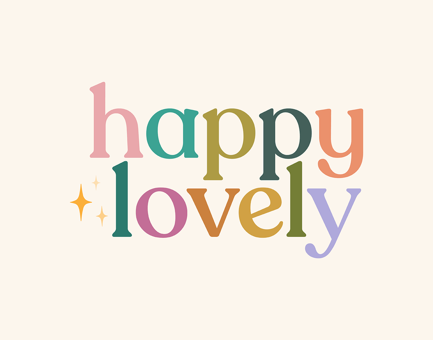 Colorful text that reads 'happy lovely' with small star accents.