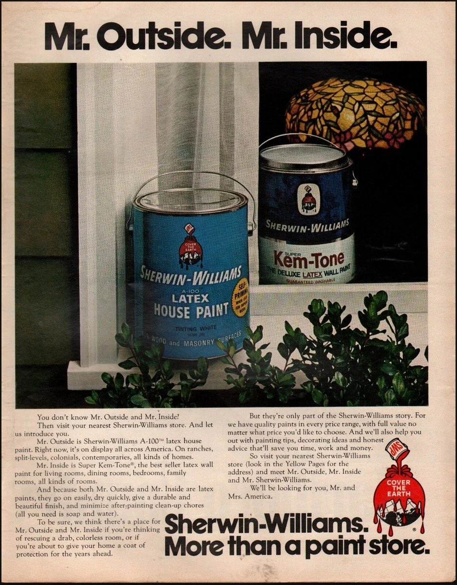 Advertisement for Sherwin-Williams paint store featuring cans of latex house paint and a decorative lampshade.