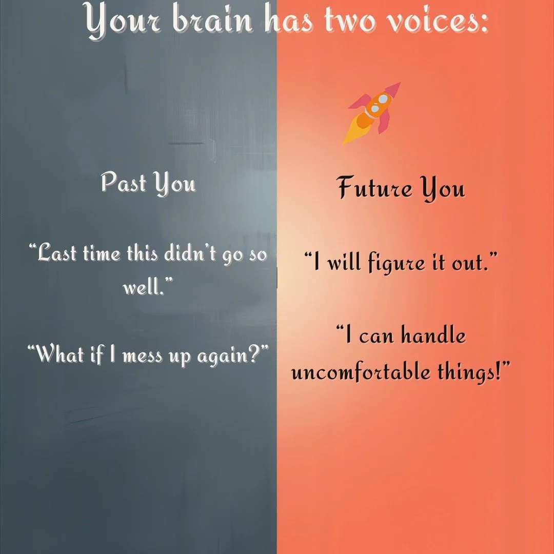 Your brain has two voices:

🪞 Past You:
&ldquo;Last time this didn&rsquo;t go well.&rdquo;
&ldquo;What if I mess up again?&rdquo;

🚀 Future You:
&ldquo;I&rsquo;ll figure it out.&rdquo;
&ldquo;I can handle uncomfortable things.&rdquo;

Anxiety LOVES