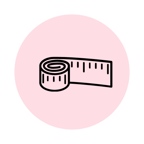 Line drawing of a rolled-up measuring tape on a pink circular background.