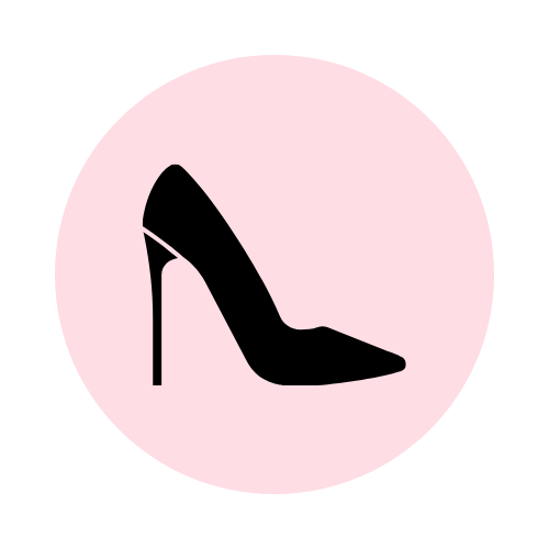 Silhouette of a high-heeled shoe on a pink circular background.