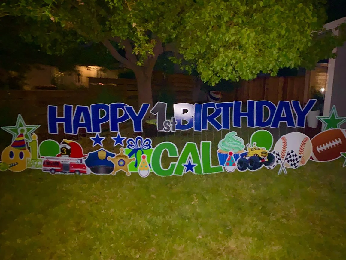 Happy 1st Birthday, Cal! What a special way to celebrate your very first trip around the sun with a yard full of birthday fun!