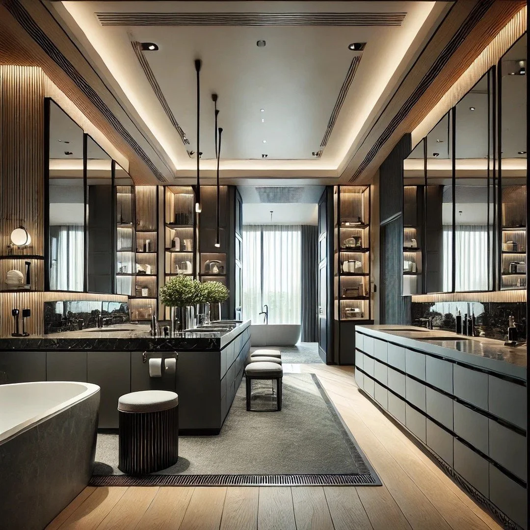 Discover the epitome of luxury in this ultra-modern master en-suite, designed with extensive custom cabinetry and millwork. The sleek, handleless cabinets in matte black and dark wood finishes create a seamless, sophisticated look. A floating double 