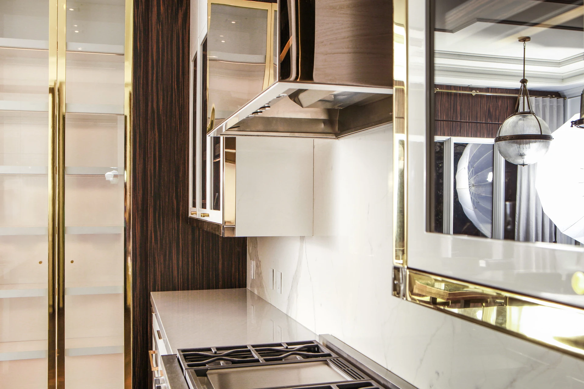 Brass cabinet frame, brass door handles, brass door panels, glass cabinet, brass faucet, macassar ebony veneer millwork frame