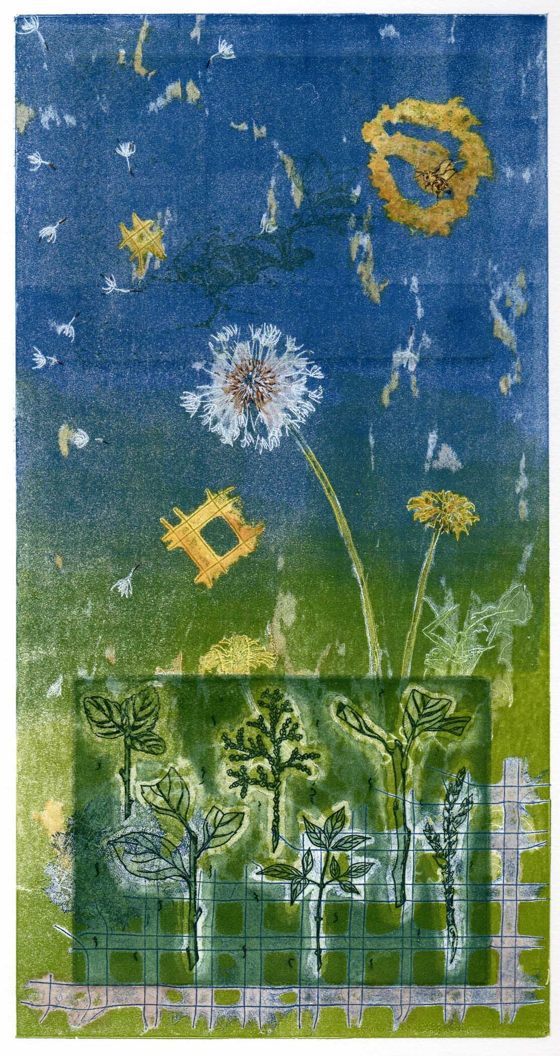 Propagation; monotype, etching, watercolor; 15" x 8"