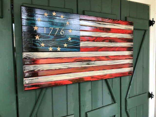 Navy Reclaimed Wood Hand Built and Painted Framed Flag 