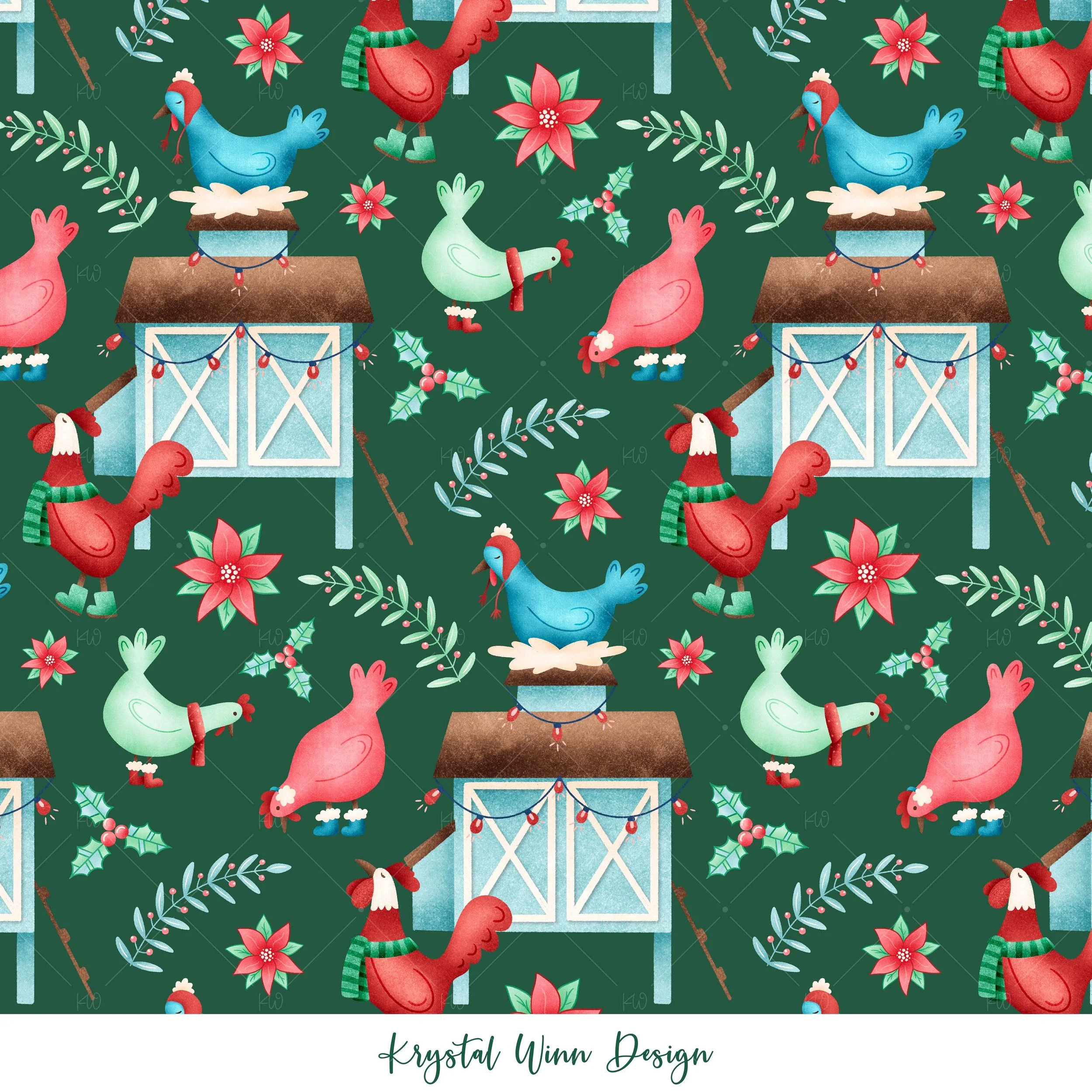 All I want for Christmas: Chickens in Green Cotton Spandex 1 yard precut