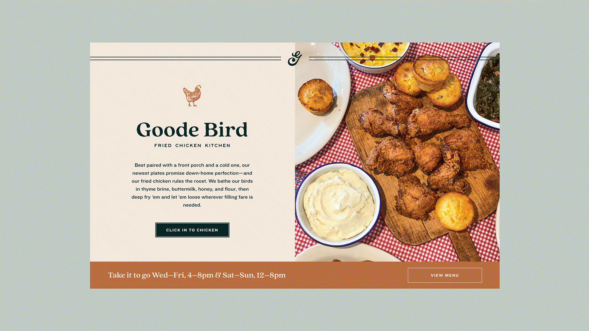 Website menu page for Goode Bird fried chicken restaurant, featuring a photo of fried chicken, cornbread, mashed potatoes, and side dishes on a table with a red checkered cloth.