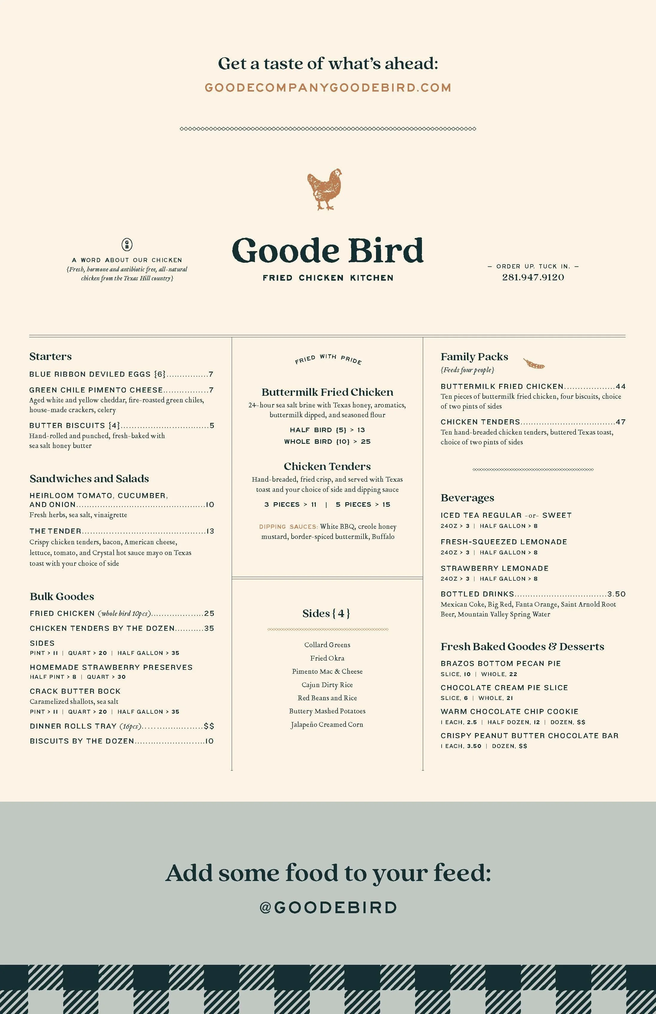 Restaurant menu for Goode Bird Fried Chicken Kitchen featuring starters, sandwiches, salads, fried chicken, chicken tenders, sides, family packs, beverages, and desserts, with descriptions and prices.