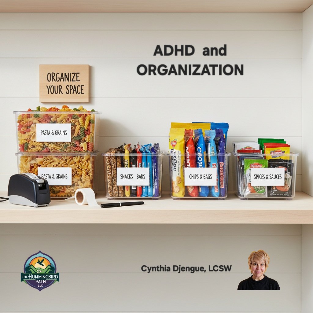 Executive Function is affected by ADHD, which can mean organization is more difficult. Cynthia Djengue, LCSW