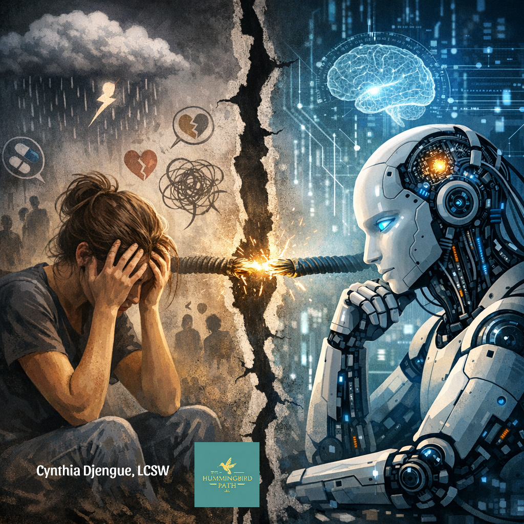 When Tragedy and Technology Intersect: Reflections on Therapist Safety, Culture, and the Rise of AI in Mental Health. Blog post by Cynthia Djengue, LCSW, LISW, Psychotherapist