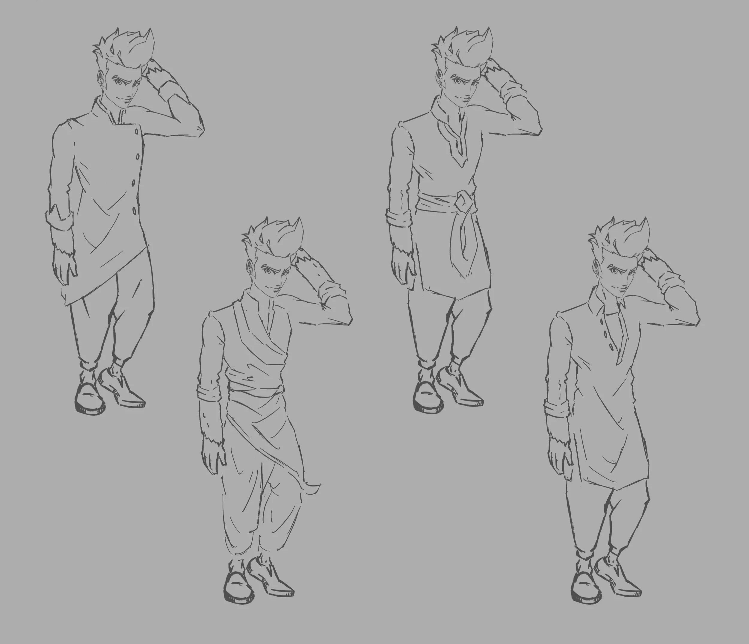 Sketch of a male character in five different poses and outfits, with short spiky hair and a confident expression, on a gray background.